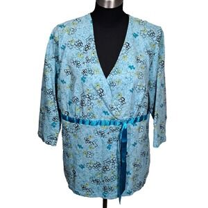Venezia Womens Plus Size 18/20 Floral Wrap Top Blue 3/4 Sleeve Cotton Spandex